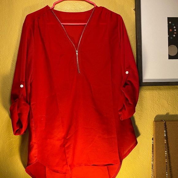 Sheer Red Zip V Tunic - Picture 1 of 2